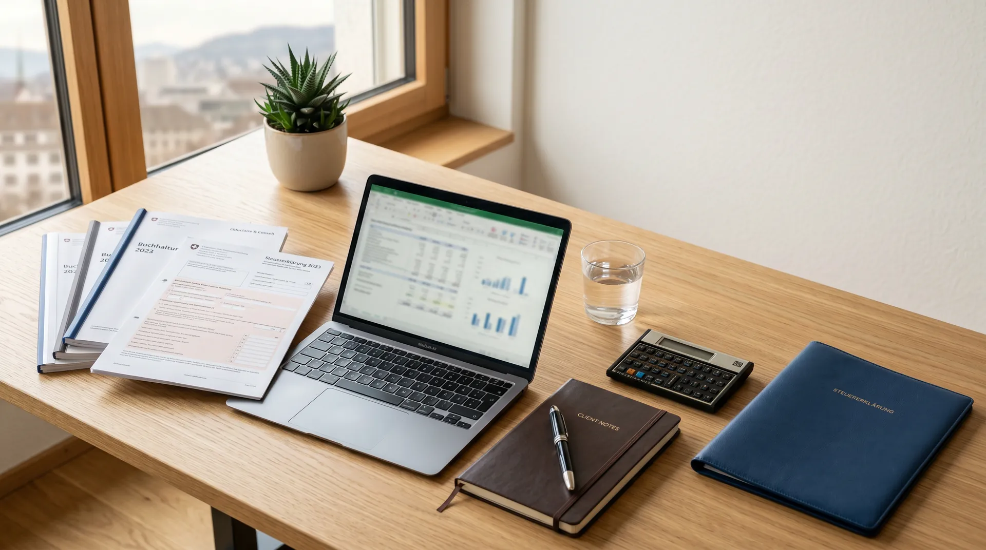 Ufficio fiduciario luminoso e ordinato con documenti e laptop